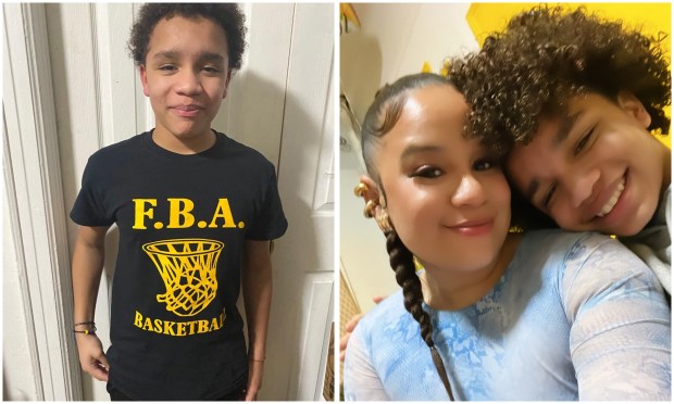 Julian Corniell is pictured wearing the shirt of his church basketball team (left) and with his mother, Julia Varona (right).