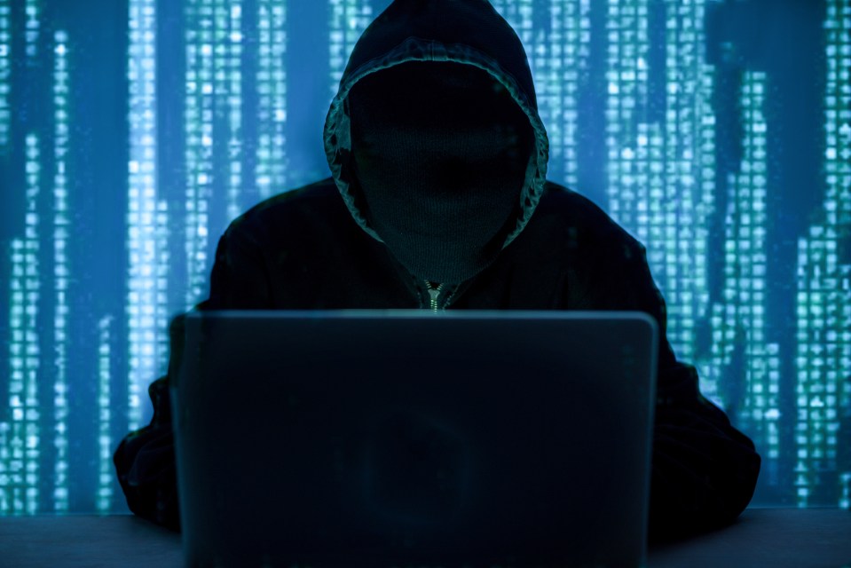A hooded figure using a laptop in front of a wall of scrolling code.