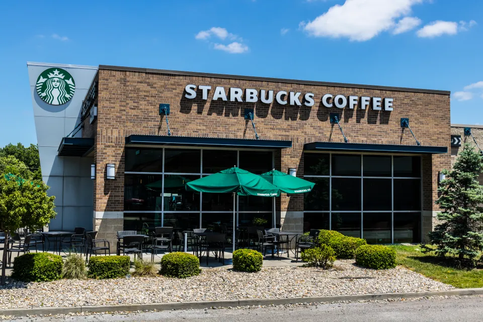 Exterior view of a Starbucks coffee shop.