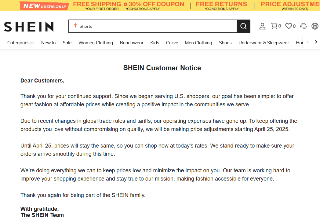 Shein's statement to U.S. customers about upcoming price increases.