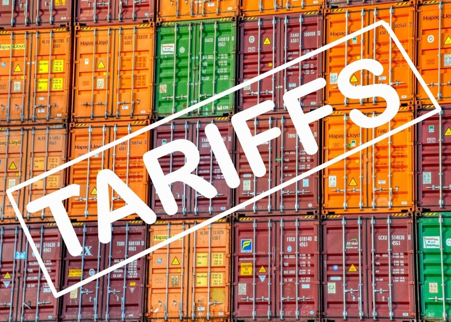 shipping containers and the word tariffs; Shutterstock ID 2595648185
