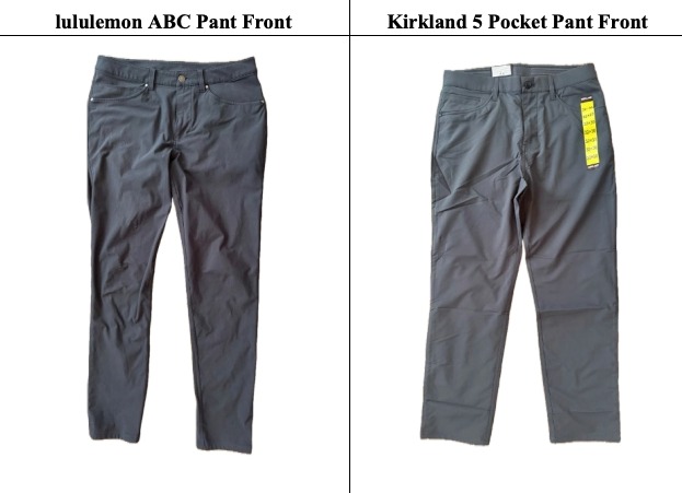 Comparison of Lululemon ABC pants and Kirkland 5-pocket pants.