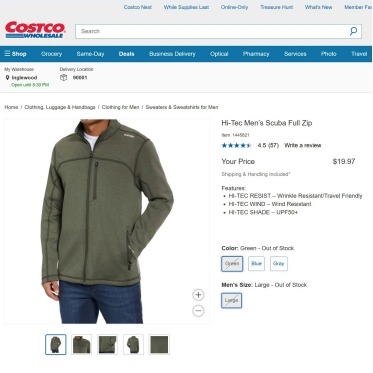 Costco website showing a green Hi-Tec men's scuba full zip jacket.