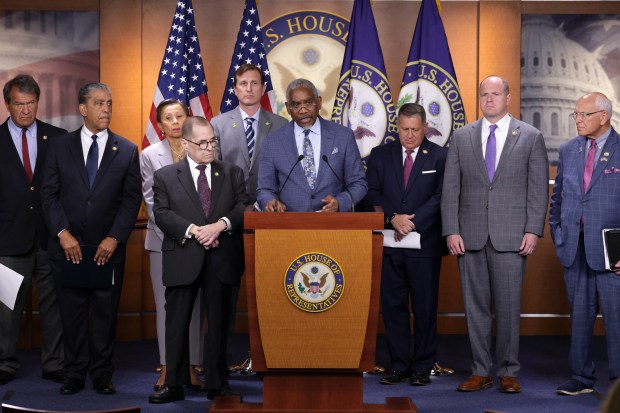Flanked by fellow House Democrats from New York State, U.S. Rep. Gregory Meeks speaks out against the One, Big, Beautiful Bill Act at a press conference at the U.S. Capitol on July 2, 2025 in Washington, DC.