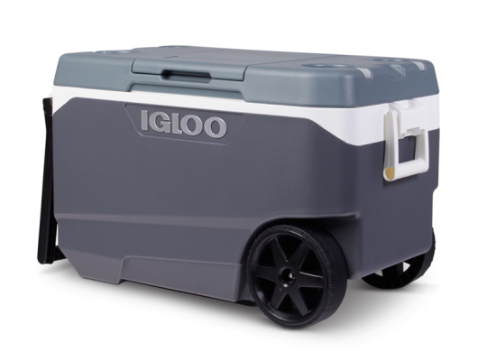 Gray and white Igloo rolling cooler.