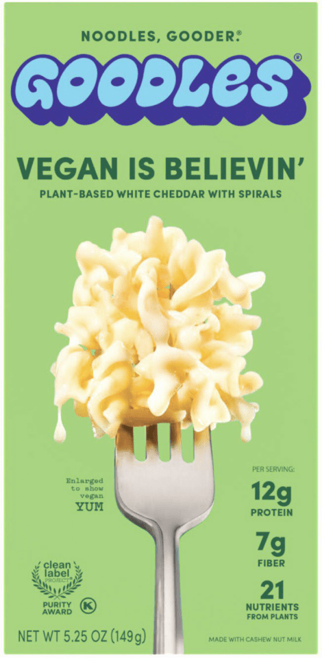 Product label for Goodles Vegan Is Believin' Plant-Based White Cheddar with Spirals.