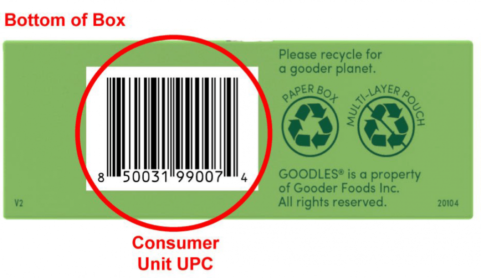 Gooder Foods product UPC barcode on box bottom.