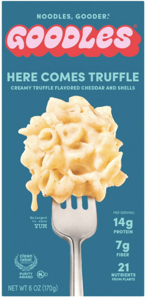 Goodles Here Comes Truffle creamy truffle flavored cheddar and shells packaging.
