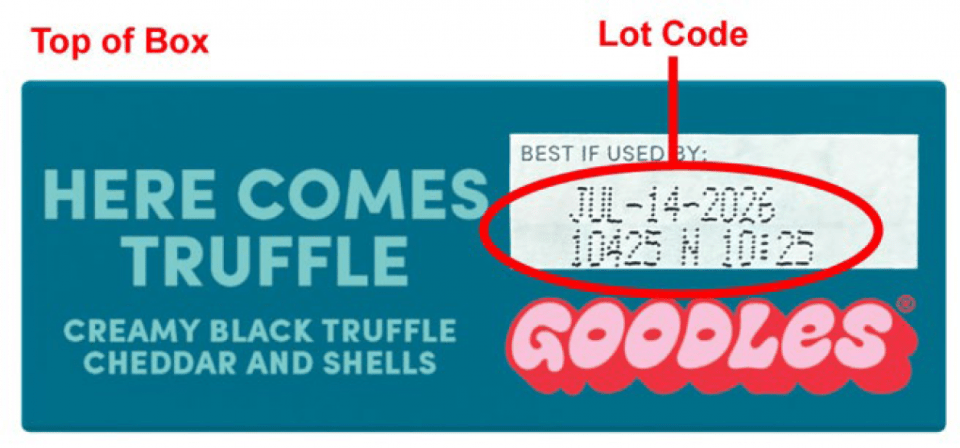 Image of Goodles Here Comes Truffle box top, highlighting the lot code 10425.