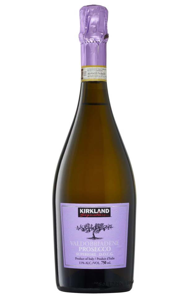 Kirkland Valdobbiadene Prosecco DOCG bottle with a purple label and purple foil around the cork.