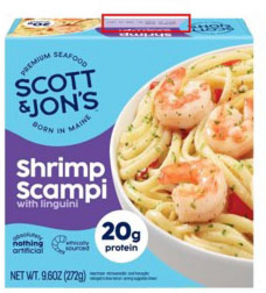 Scott & Jon's Premium Seafood Shrimp Scampi with Linguini packaging.