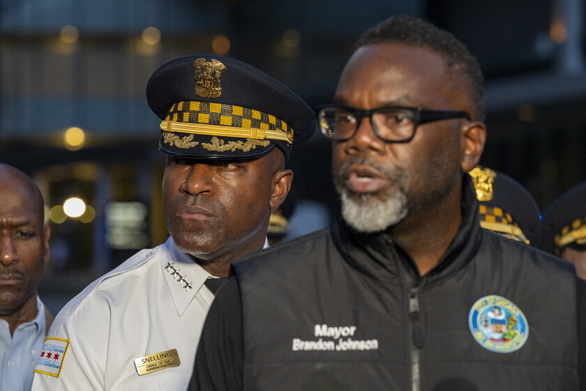 Mayor Brandon Johnson speaks to reporters outside University of Chicago Medical Center, about the circumstances surrounding a police involved shooting in the 2000 block of East 79th Street, Friday, July 3, 2026.