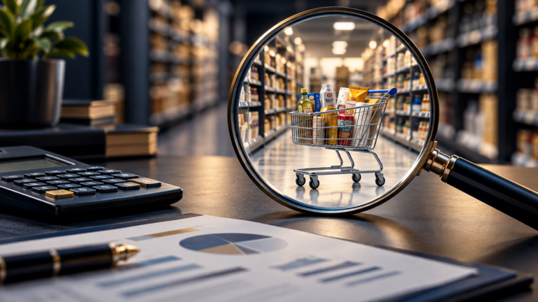 A magnifying glass highlights a merchandise-filled shopping cart in a retail aisle, beside a calculator and business report.